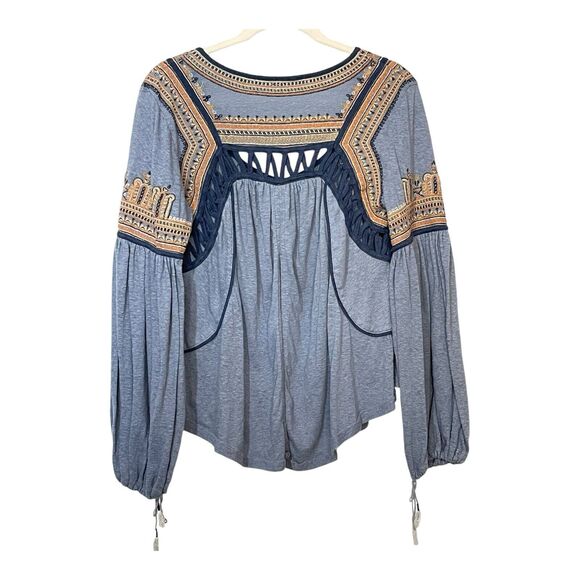 Free People Snow Kisses Blue Embroidered Boho Top S Back Slit Flowy - Picture 4 of 7